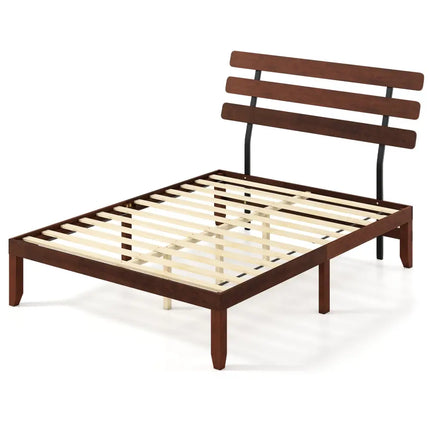 Queen Size Bed Frame 15.5 Inch Solid Wood Platform Bed with Retro Headboard - Walnut - Simple Bed Frame