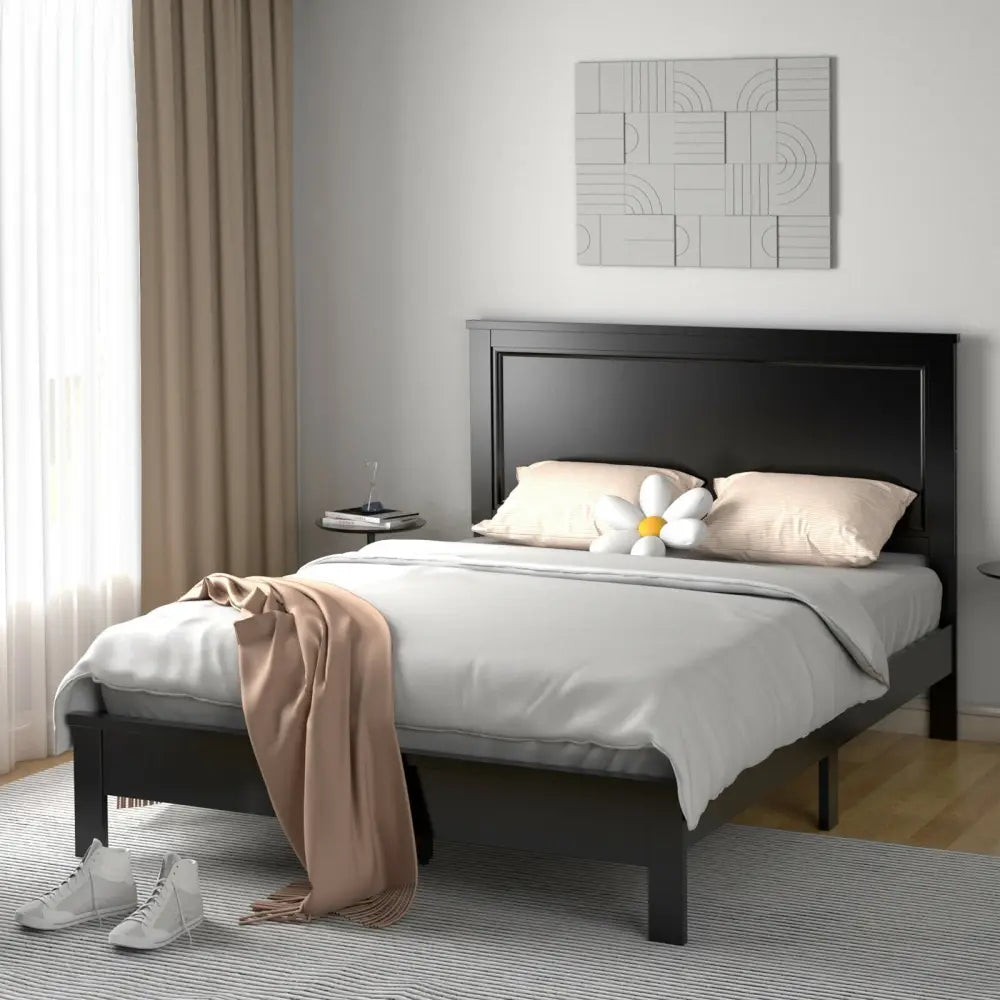 Queen Size Bed Frame Platform Slat High Headboard Bedroom with Rubber Wood Leg-Black - Black - Simple Bed Frame