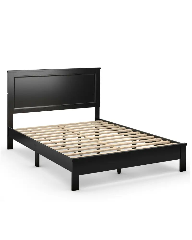 Queen Size Bed Frame Platform Slat High Headboard Bedroom with Rubber Wood Leg-Black - Black - Simple Bed Frame
