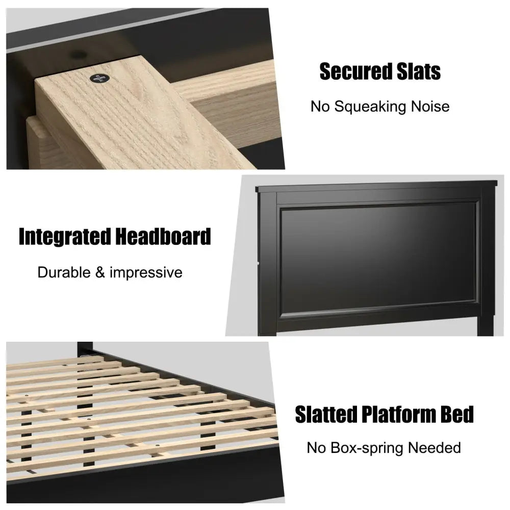 Queen Size Bed Frame Platform Slat High Headboard Bedroom with Rubber Wood Leg-Black - Black - Simple Bed Frame