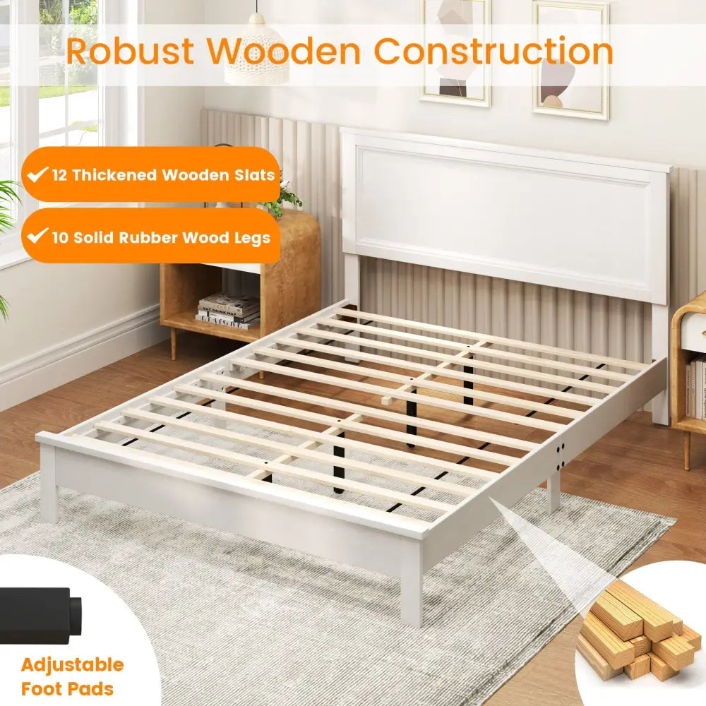 Queen Size Bed Frame Platform Slat High Headboard Bedroom with Rubber Wood Leg-White - White - Simple Bed Frame