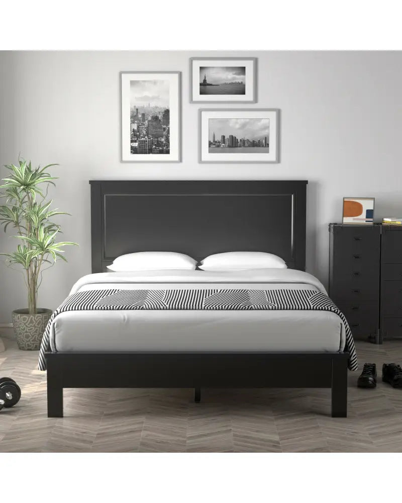 Queen Size Bed Frame Platform Slat High Headboard Bedroom with Rubber Wood Leg-Black - Black - Simple Bed Frame