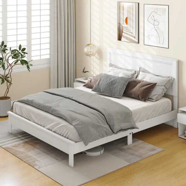 Queen Size Bed Frame Platform Slat High Headboard Bedroom with Rubber Wood Leg-White - White - Simple Bed Frame