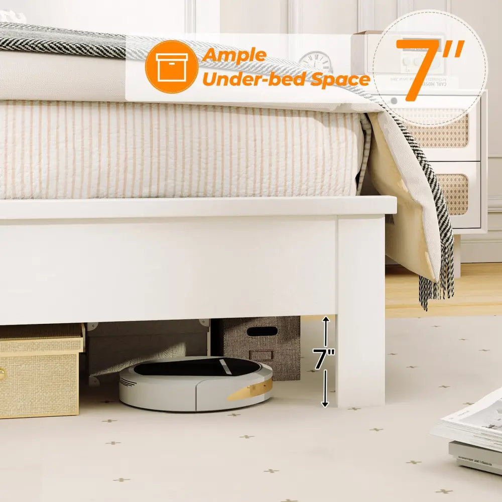 Queen Size Bed Frame Platform Slat High Headboard Bedroom with Rubber Wood Leg-White - White - Simple Bed Frame