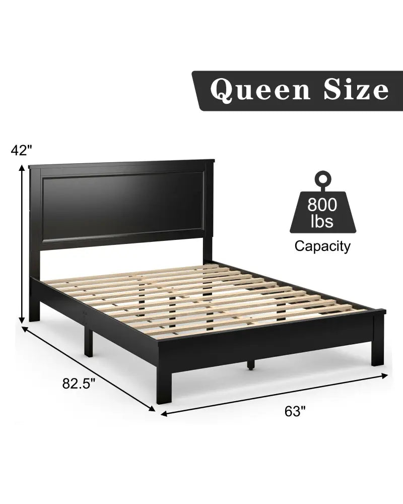Queen Size Bed Frame Platform Slat High Headboard Bedroom with Rubber Wood Leg-Black - Black - Simple Bed Frame
