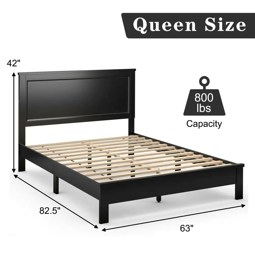 Queen Size Bed Frame Platform Slat High Headboard Bedroom with Rubber Wood Leg-Black - Black - Simple Bed Frame