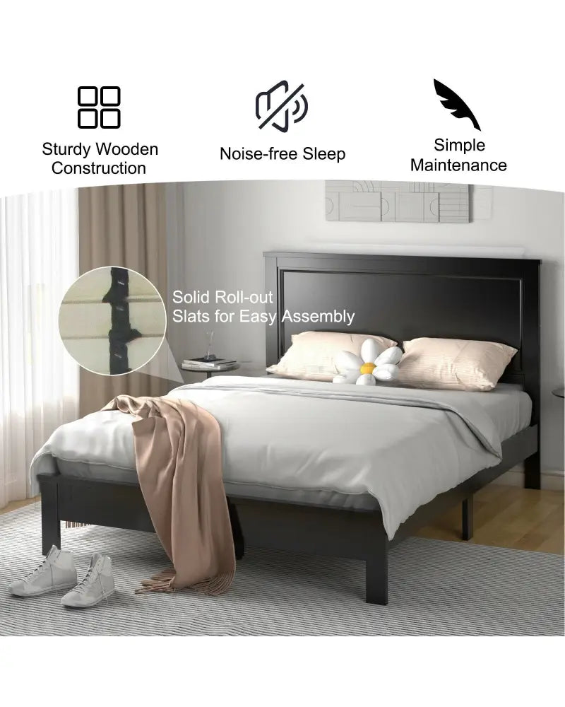 Queen Size Bed Frame Platform Slat High Headboard Bedroom with Rubber Wood Leg-Black - Black - Simple Bed Frame