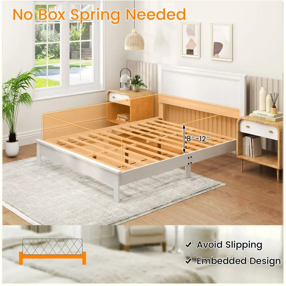 Queen Size Bed Frame Platform Slat High Headboard Bedroom with Rubber Wood Leg-White - White - Simple Bed Frame