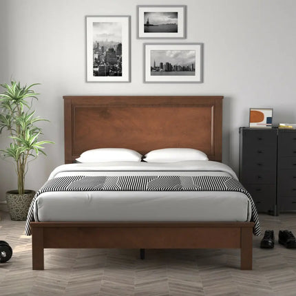 Queen Size Bed Frame Platform Slat High Headboard Bedroom with Rubber Wood Leg-Walnut - Walnut - Simple Bed Frame
