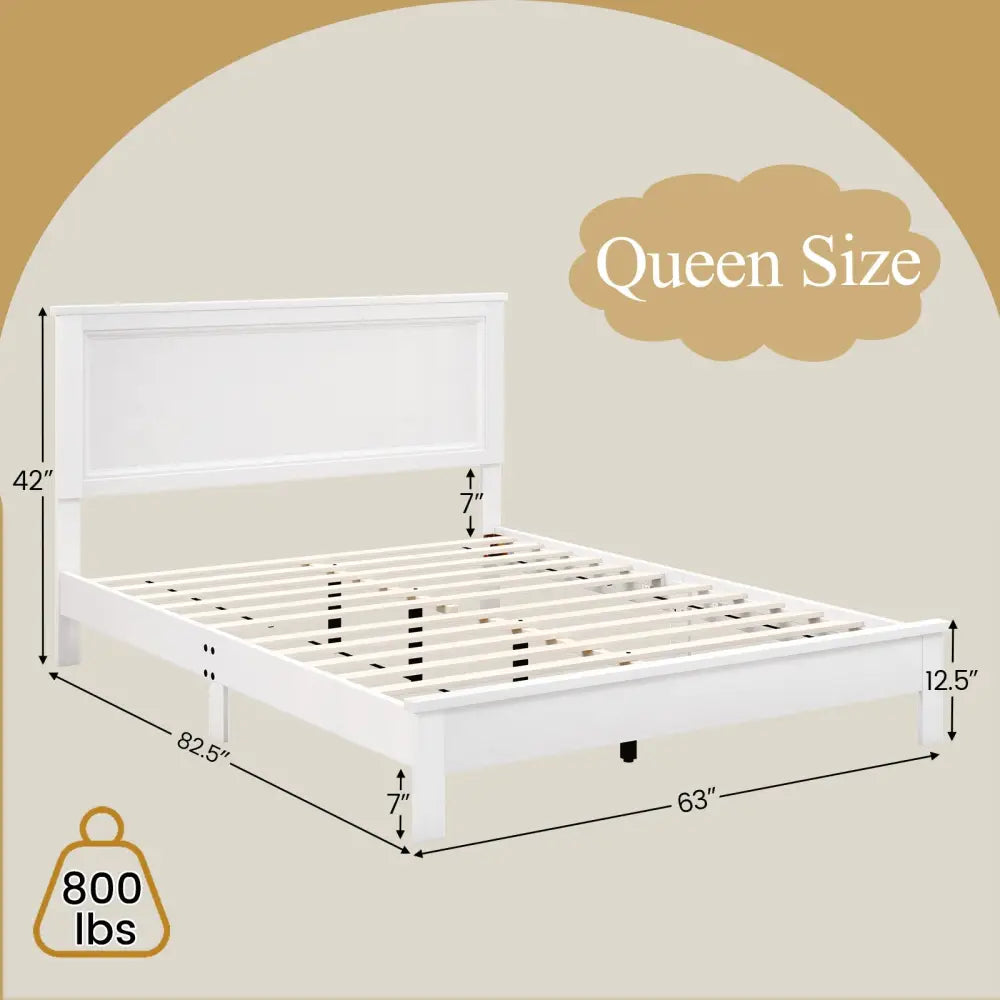 Queen Size Bed Frame Platform Slat High Headboard Bedroom with Rubber Wood Leg-White - White - Simple Bed Frame
