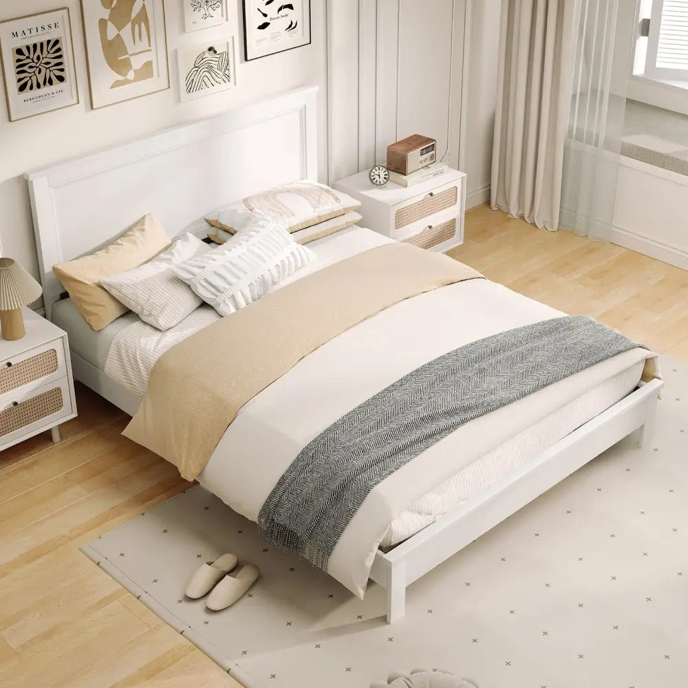Queen Size Bed Frame Platform Slat High Headboard Bedroom with Rubber Wood Leg-White - White - Simple Bed Frame