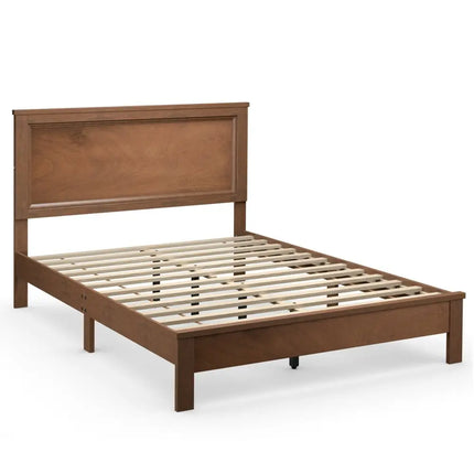 Queen Size Bed Frame Platform Slat High Headboard Bedroom with Rubber Wood Leg-Walnut - Walnut - Simple Bed Frame