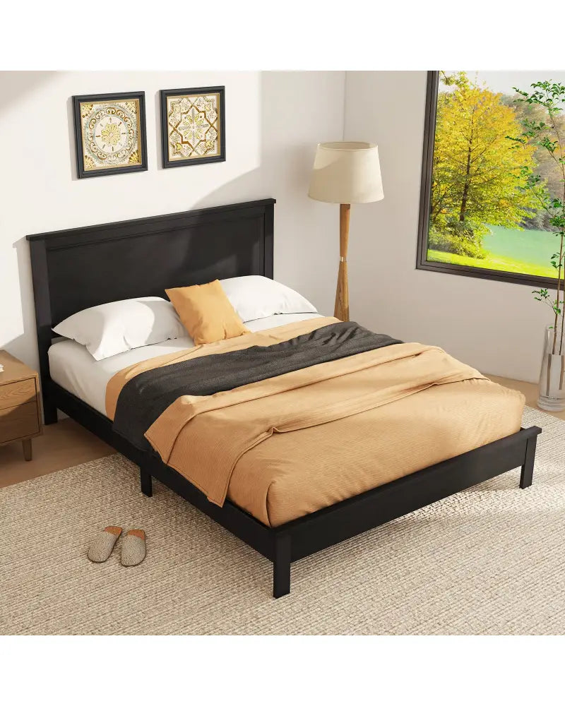 Queen Size Bed Frame Platform Slat High Headboard Bedroom with Rubber Wood Leg-Black - Black - Simple Bed Frame