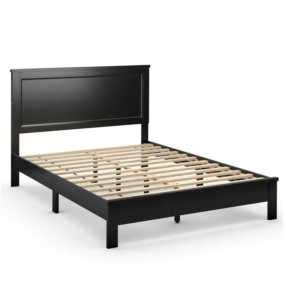 Queen Size Bed Frame Platform Slat High Headboard Bedroom with Rubber Wood Leg-Black - Black - Simple Bed Frame
