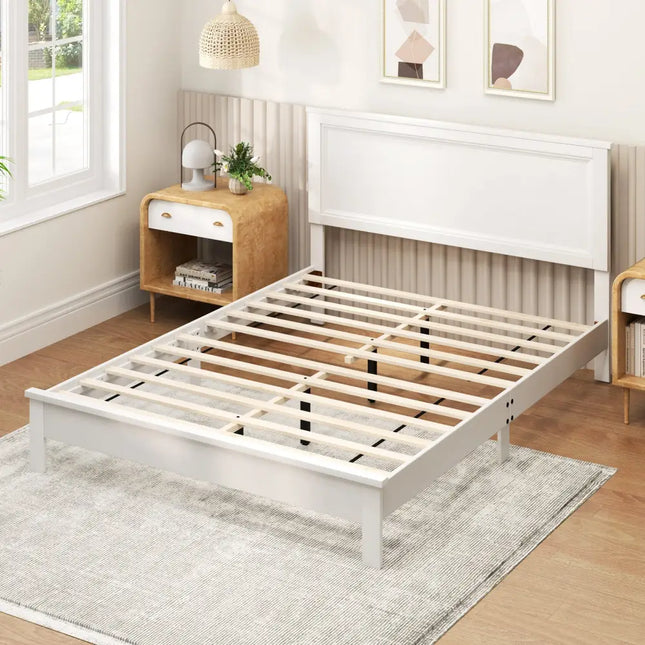 Queen Size Bed Frame Platform Slat High Headboard Bedroom with Rubber Wood Leg-White - White - Simple Bed Frame