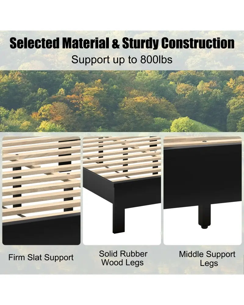 Queen Size Bed Frame Platform Slat High Headboard Bedroom with Rubber Wood Leg-Black - Black - Simple Bed Frame