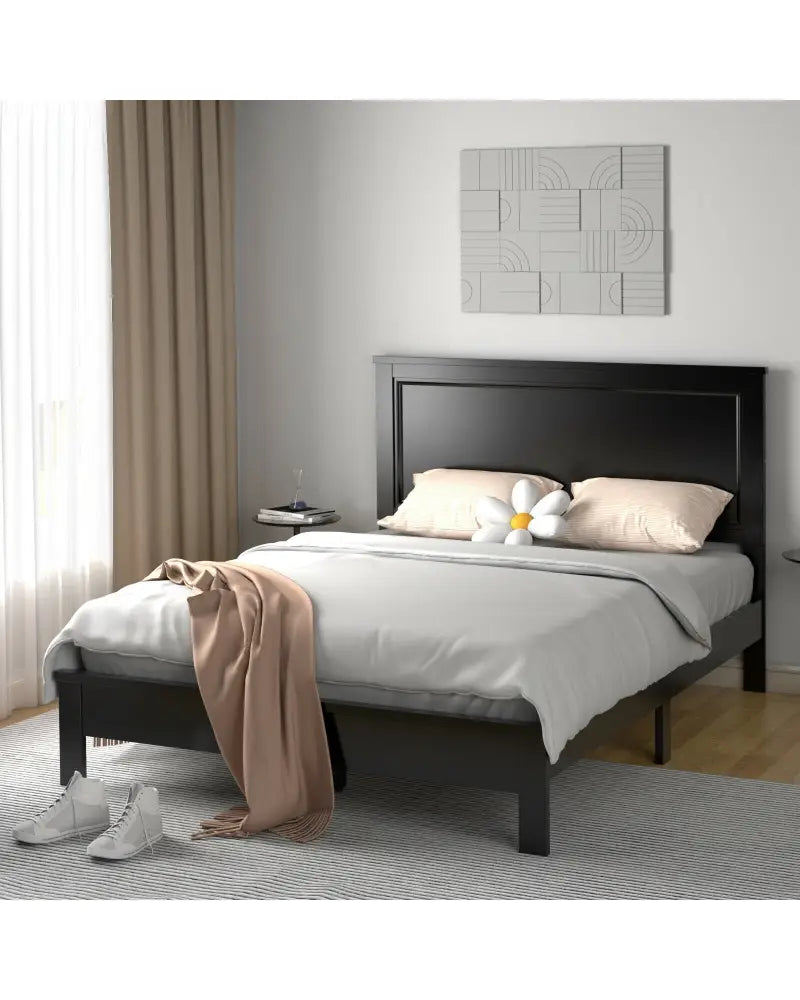 Queen Size Bed Frame Platform Slat High Headboard Bedroom with Rubber Wood Leg-Black - Black - Simple Bed Frame