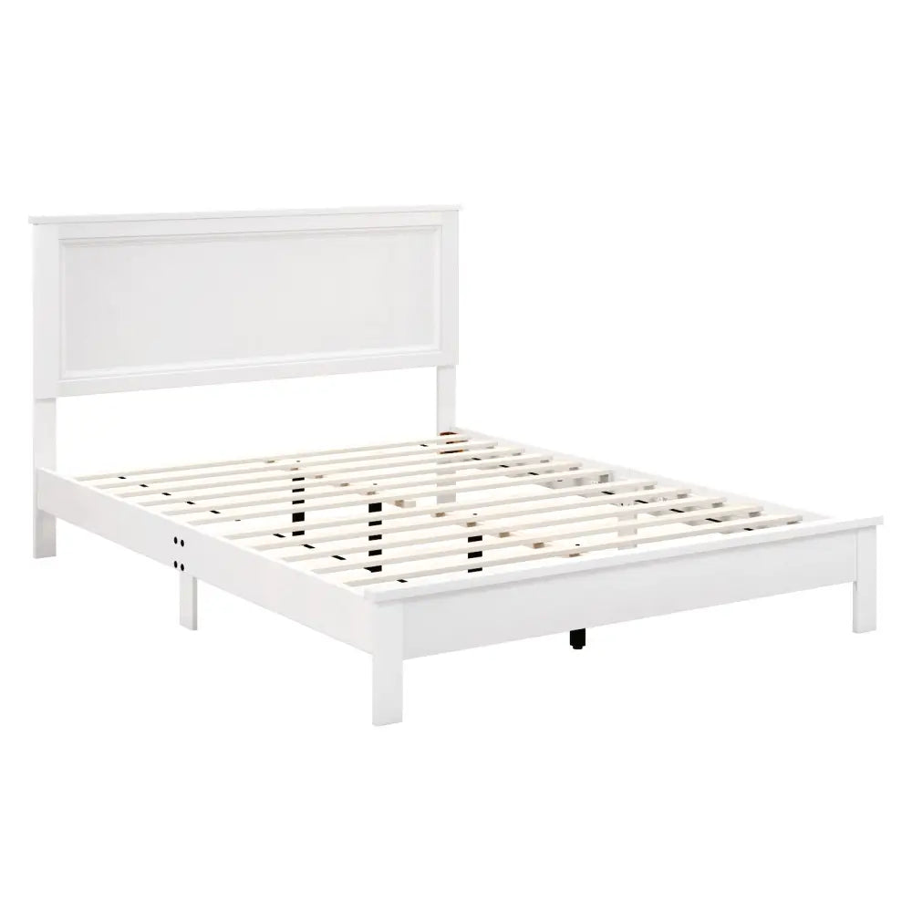Queen Size Bed Frame Platform Slat High Headboard Bedroom with Rubber Wood Leg-White - White - Simple Bed Frame