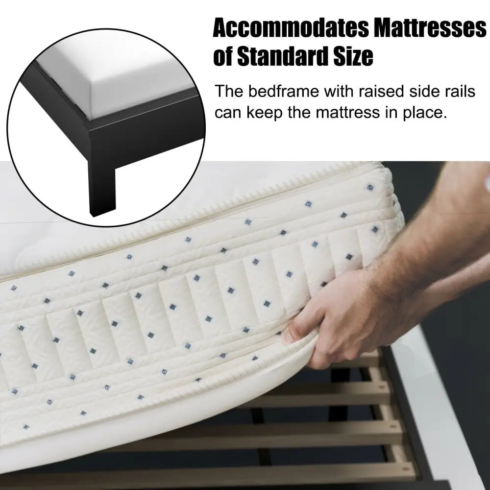 Queen Size Bed Frame Platform Slat High Headboard Bedroom with Rubber Wood Leg-Black - Black - Simple Bed Frame