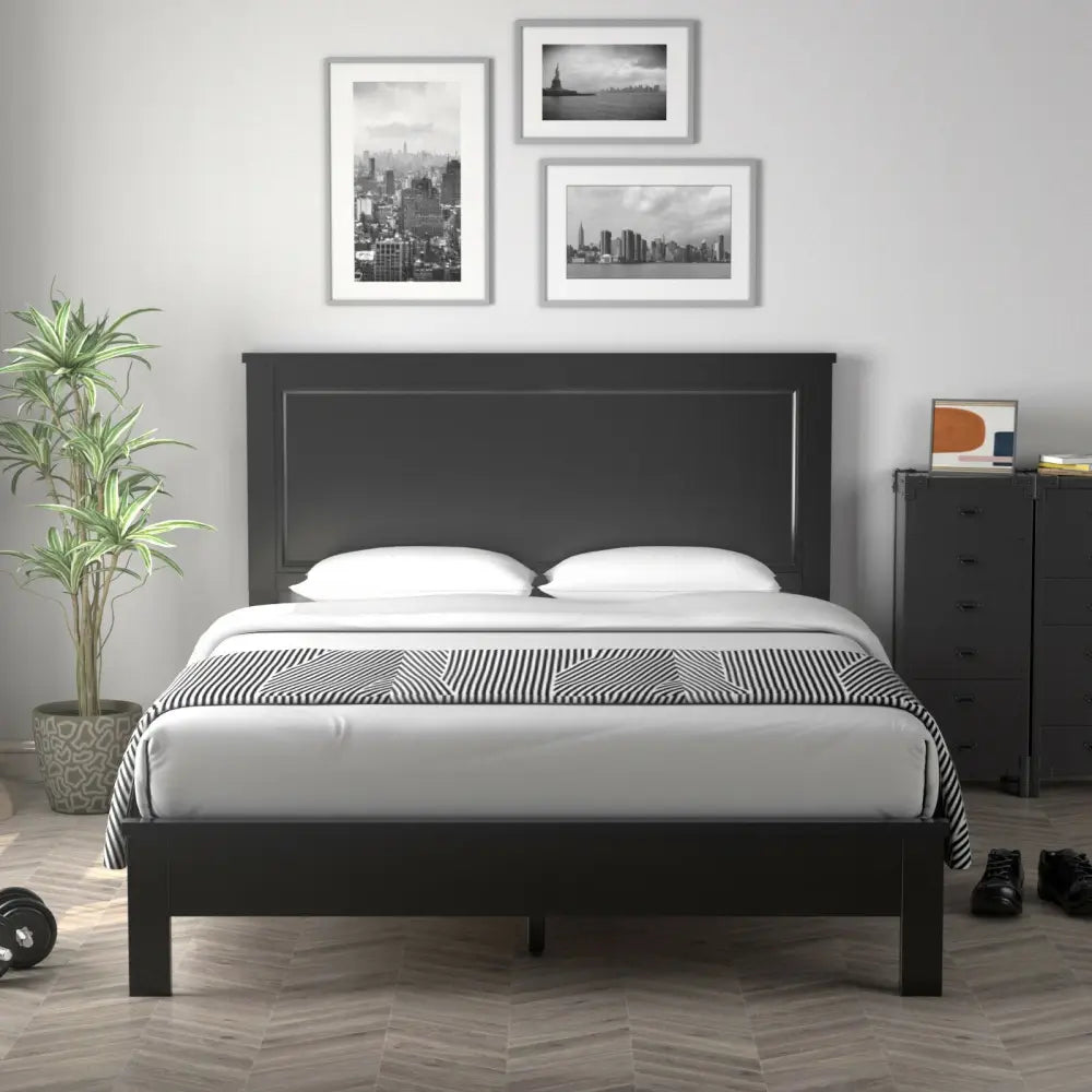 Queen Size Bed Frame Platform Slat High Headboard Bedroom with Rubber Wood Leg-Black - Black - Simple Bed Frame