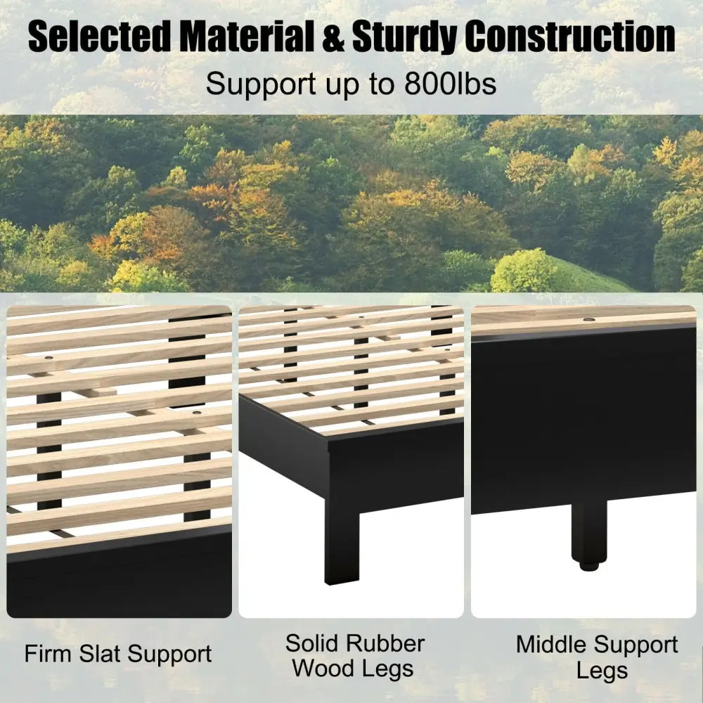 Queen Size Bed Frame Platform Slat High Headboard Bedroom with Rubber Wood Leg-Black - Black - Simple Bed Frame