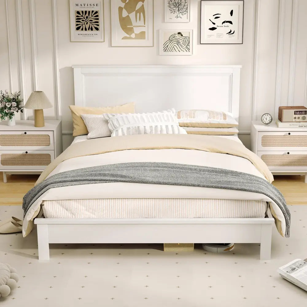 Queen Size Bed Frame Platform Slat High Headboard Bedroom with Rubber Wood Leg-White - White - Simple Bed Frame