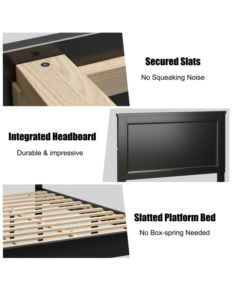 Queen Size Bed Frame Platform Slat High Headboard Bedroom with Rubber Wood Leg-Black - Black - Simple Bed Frame