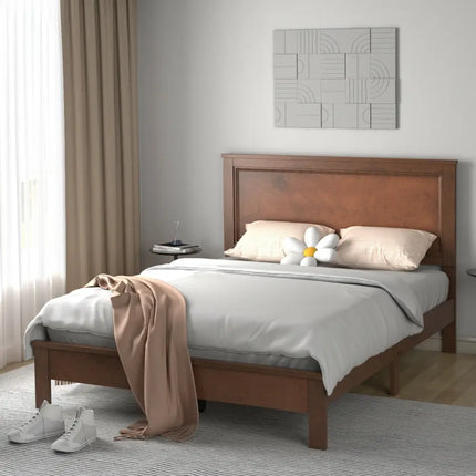 Queen Size Bed Frame Platform Slat High Headboard Bedroom with Rubber Wood Leg-Walnut - Walnut - Simple Bed Frame