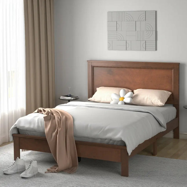 Queen Size Bed Frame Platform Slat High Headboard Bedroom with Rubber Wood Leg-Walnut - Walnut - Simple Bed Frame