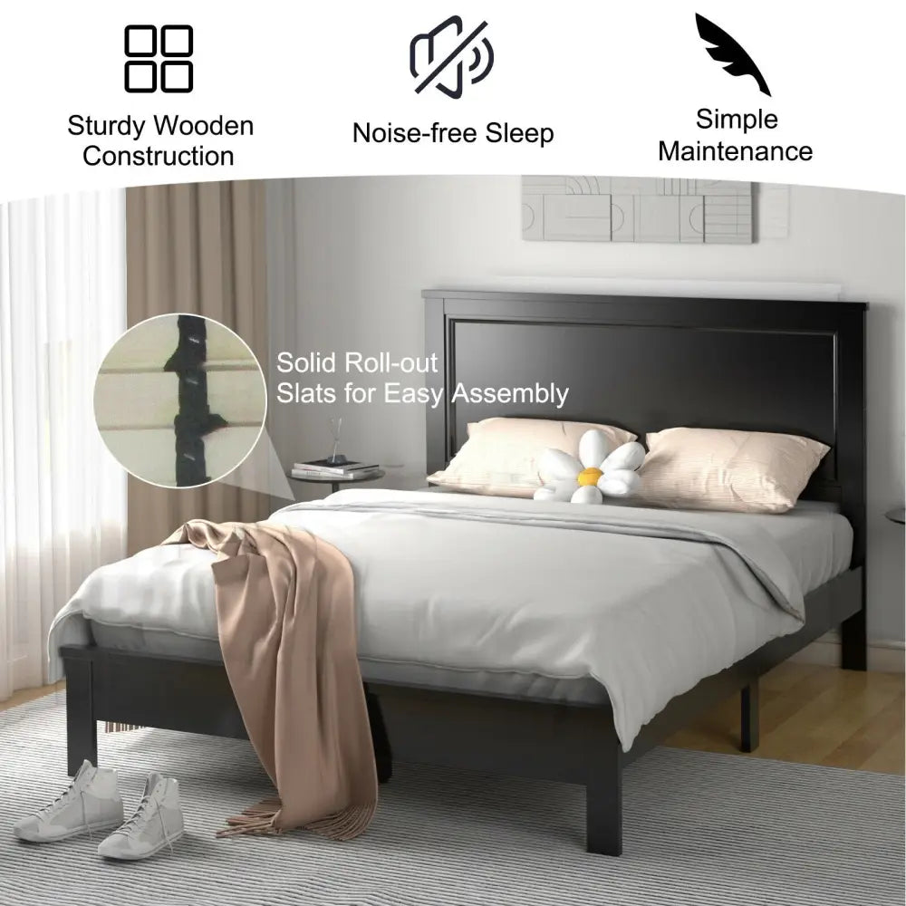 Queen Size Bed Frame Platform Slat High Headboard Bedroom with Rubber Wood Leg-Black - Black - Simple Bed Frame
