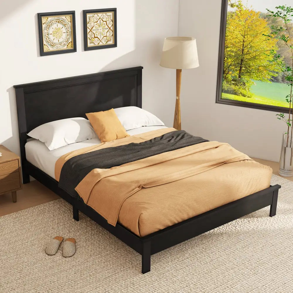 Queen Size Bed Frame Platform Slat High Headboard Bedroom with Rubber Wood Leg-Black - Black - Simple Bed Frame