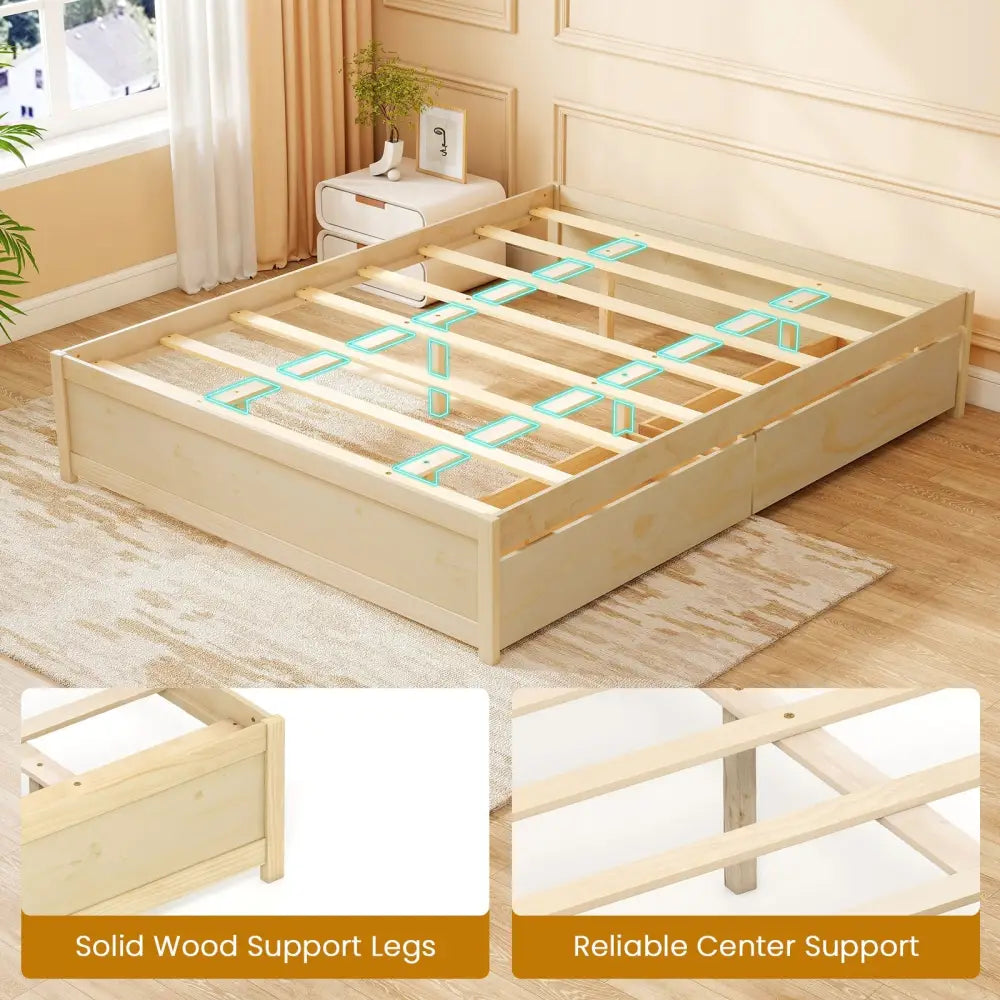Queen Size Bed Frame with 2 Rolling Storage Drawers-Natural - Natural - Trundle Bed Frame