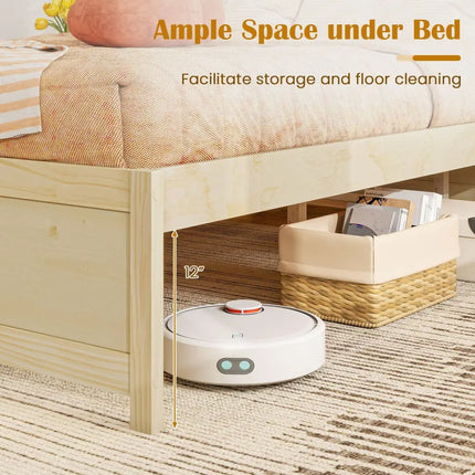Queen Size Bed Frame with 2 Rolling Storage Drawers-Natural - Natural - Trundle Bed Frame