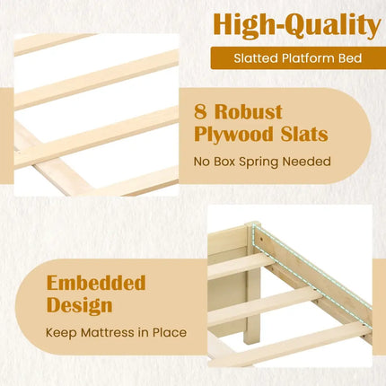 Queen Size Bed Frame with 2 Rolling Storage Drawers-Natural - Natural - Trundle Bed Frame