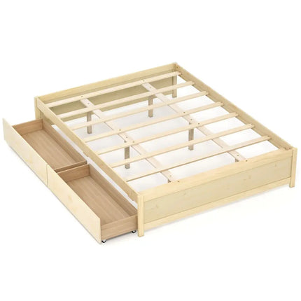 Queen Size Bed Frame with 2 Rolling Storage Drawers-Natural - Natural - Trundle Bed Frame
