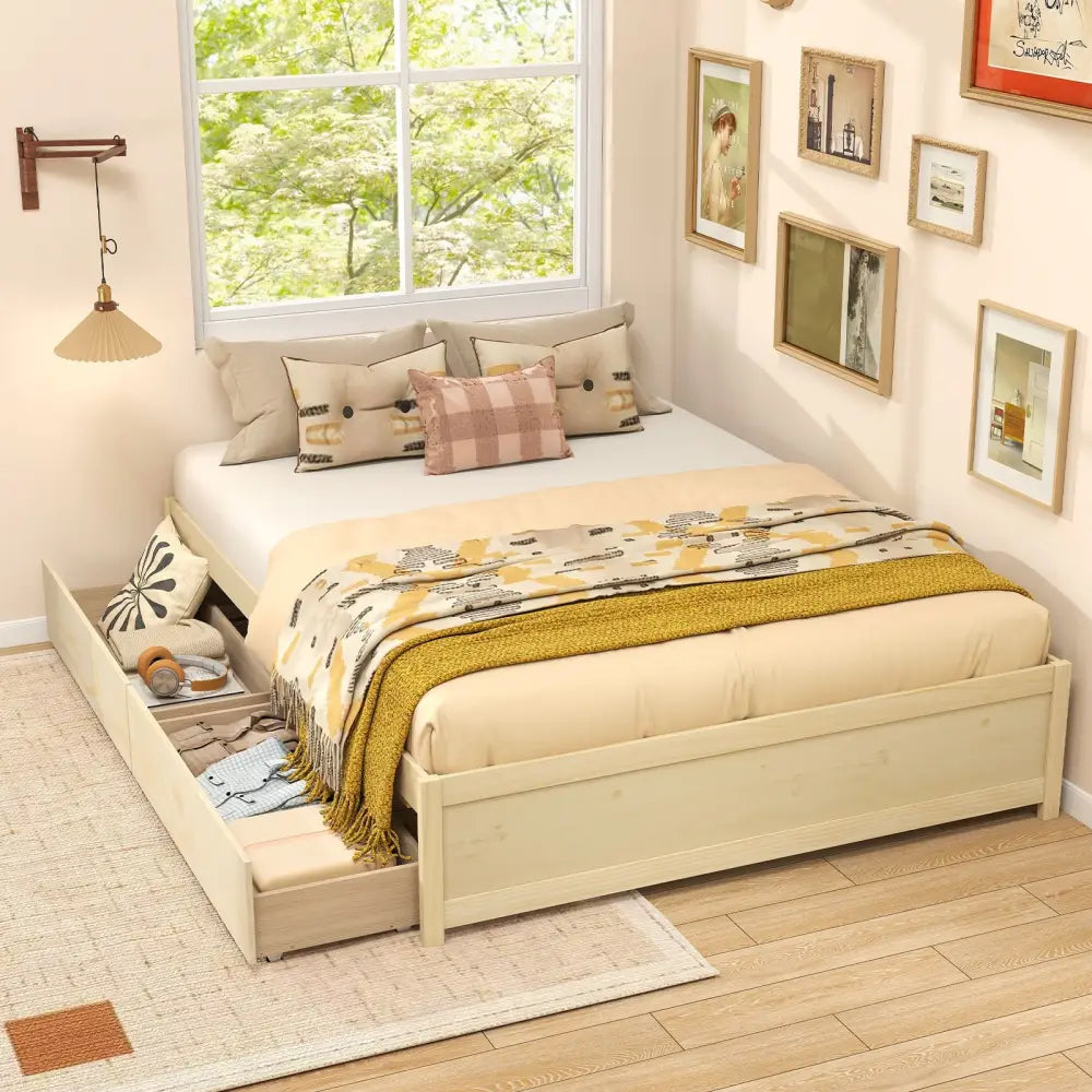 Queen Size Bed Frame with 2 Rolling Storage Drawers-Natural - Natural - Trundle Bed Frame