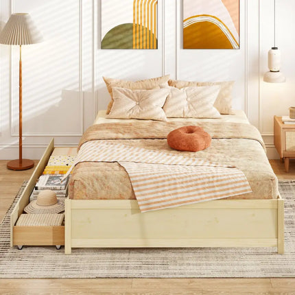 Queen Size Bed Frame with 2 Rolling Storage Drawers-Natural - Natural - Trundle Bed Frame