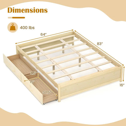 Queen Size Bed Frame with 2 Rolling Storage Drawers-Natural - Natural - Trundle Bed Frame