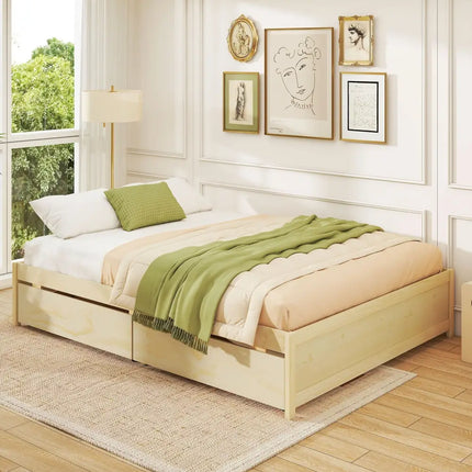 Queen Size Bed Frame with 2 Rolling Storage Drawers-Natural - Natural - Trundle Bed Frame