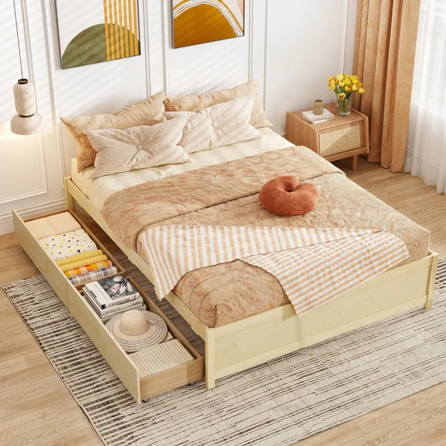 Queen Size Bed Frame with 2 Rolling Storage Drawers-Natural - Natural - Trundle Bed Frame