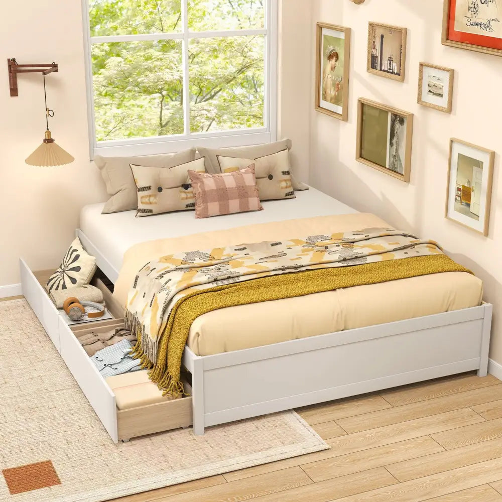 Queen Size Bed Frame with 2 Rolling Storage Drawers-White - White - Trundle Bed Frame