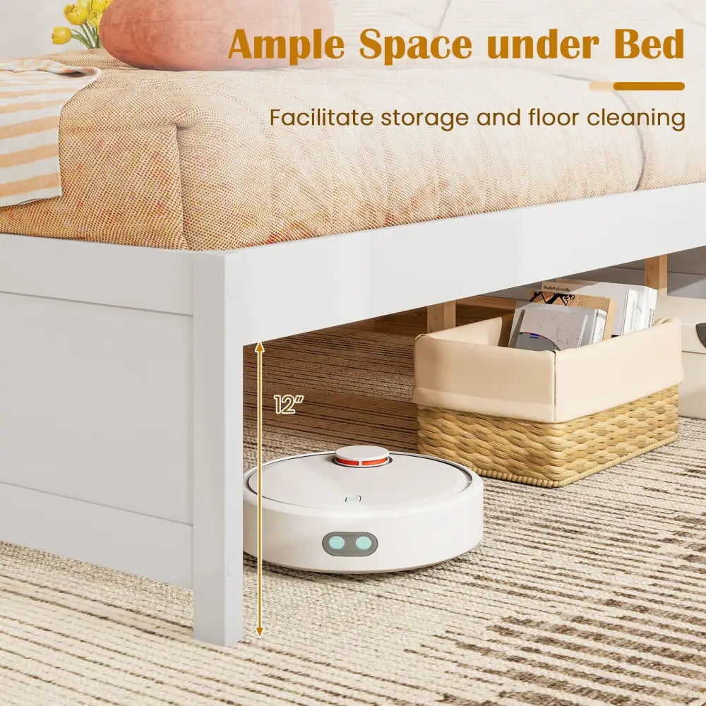 Queen Size Bed Frame with 2 Rolling Storage Drawers-White - White - Trundle Bed Frame