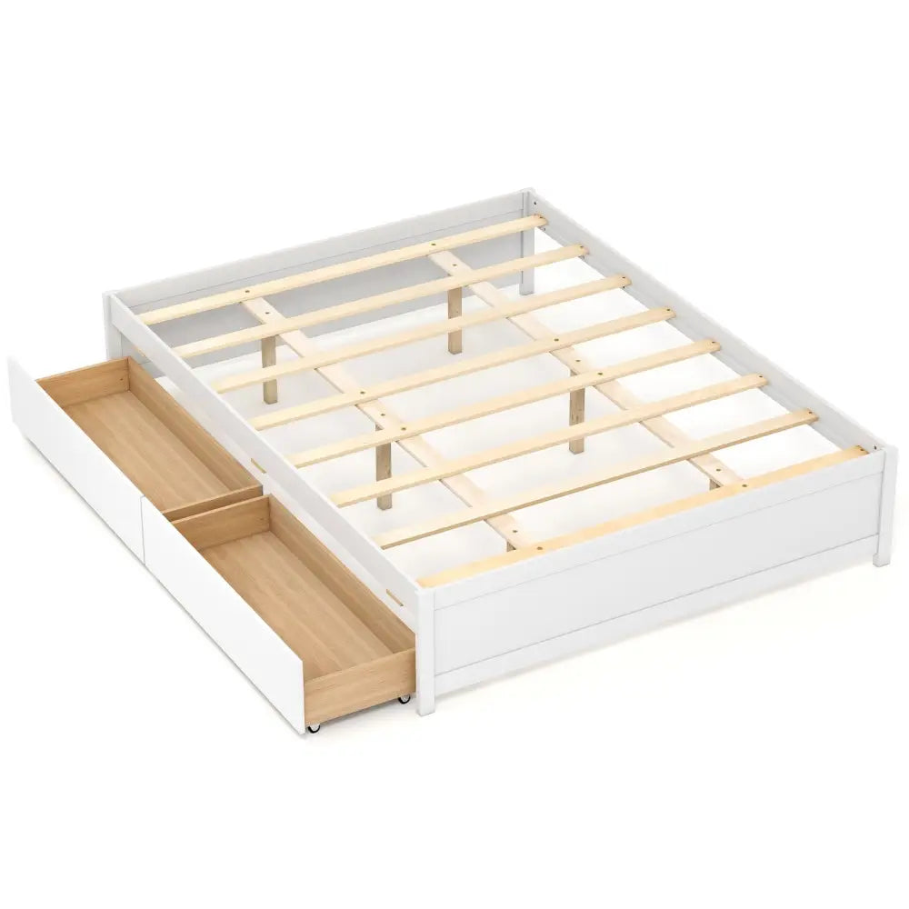Queen Size Bed Frame with 2 Rolling Storage Drawers-White - White - Trundle Bed Frame