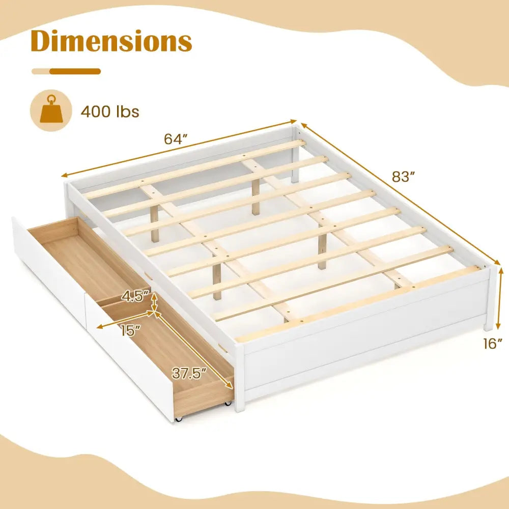 Queen Size Bed Frame with 2 Rolling Storage Drawers-White - White - Trundle Bed Frame