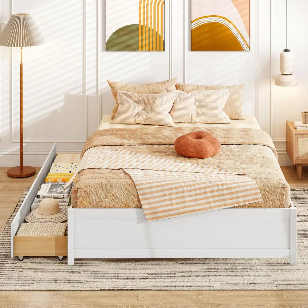 Queen Size Bed Frame with 2 Rolling Storage Drawers-White - White - Trundle Bed Frame