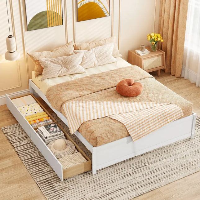 Queen Size Bed Frame with 2 Rolling Storage Drawers-White - White - Trundle Bed Frame