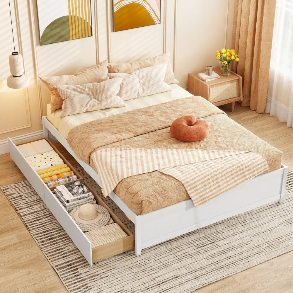 Queen Size Bed Frame with 2 Rolling Storage Drawers-White - White - Trundle Bed Frame