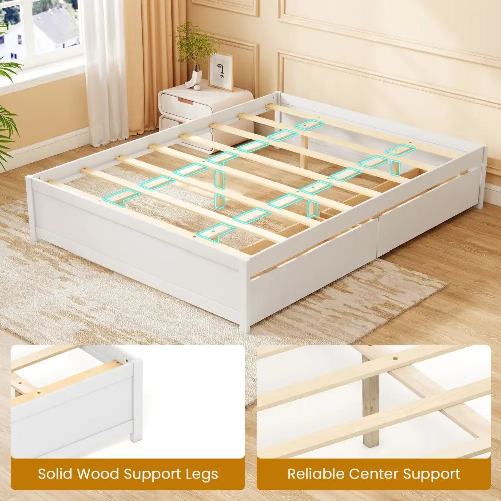 Queen Size Bed Frame with 2 Rolling Storage Drawers-White - White - Trundle Bed Frame