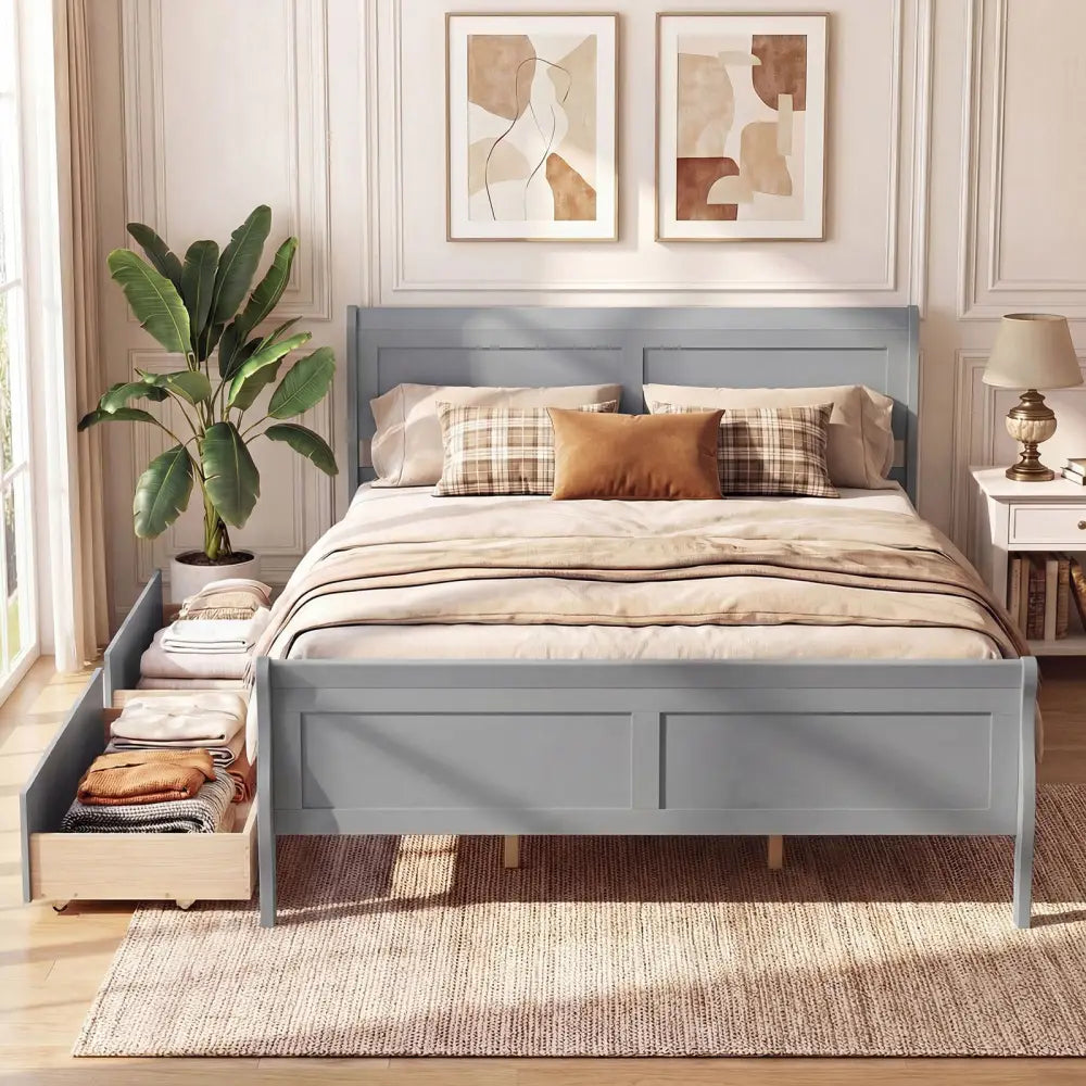 Queen Size Bed Frame with 2 Storage Drawers and Footboard-Gray - Gray - Simple Bed Frame