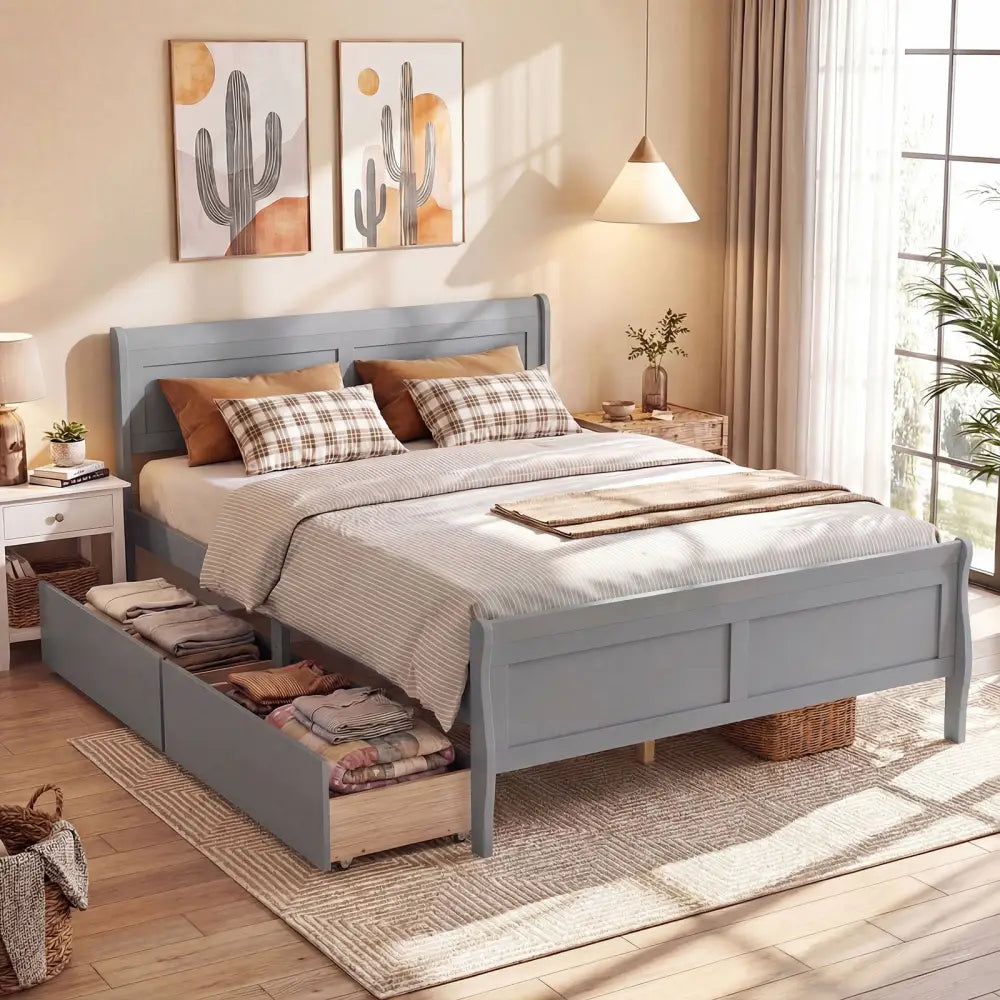 Queen Size Bed Frame with 2 Storage Drawers and Footboard-Gray - Gray - Simple Bed Frame